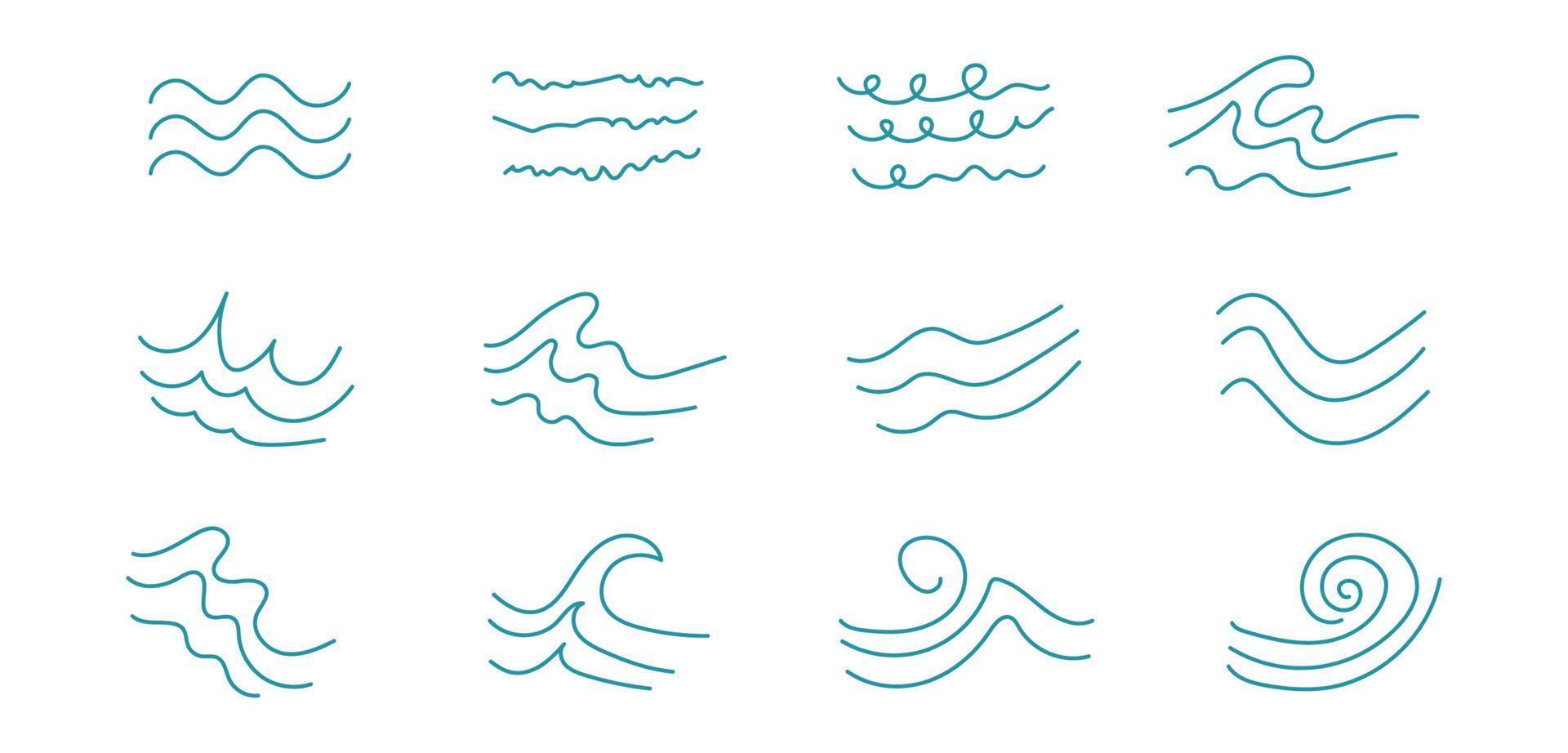 Vector line icon set with simple doodle wave. Hand drawn ocean waves vector set.