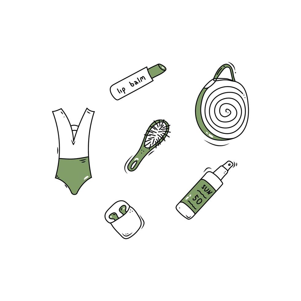 garabatear verano conjunto de viaje elementos. turismo aventuras iconos bolsa, trajes de baño, peine, spf, lápiz labial. mano dibujado vector ilustración aislado en blanco antecedentes.