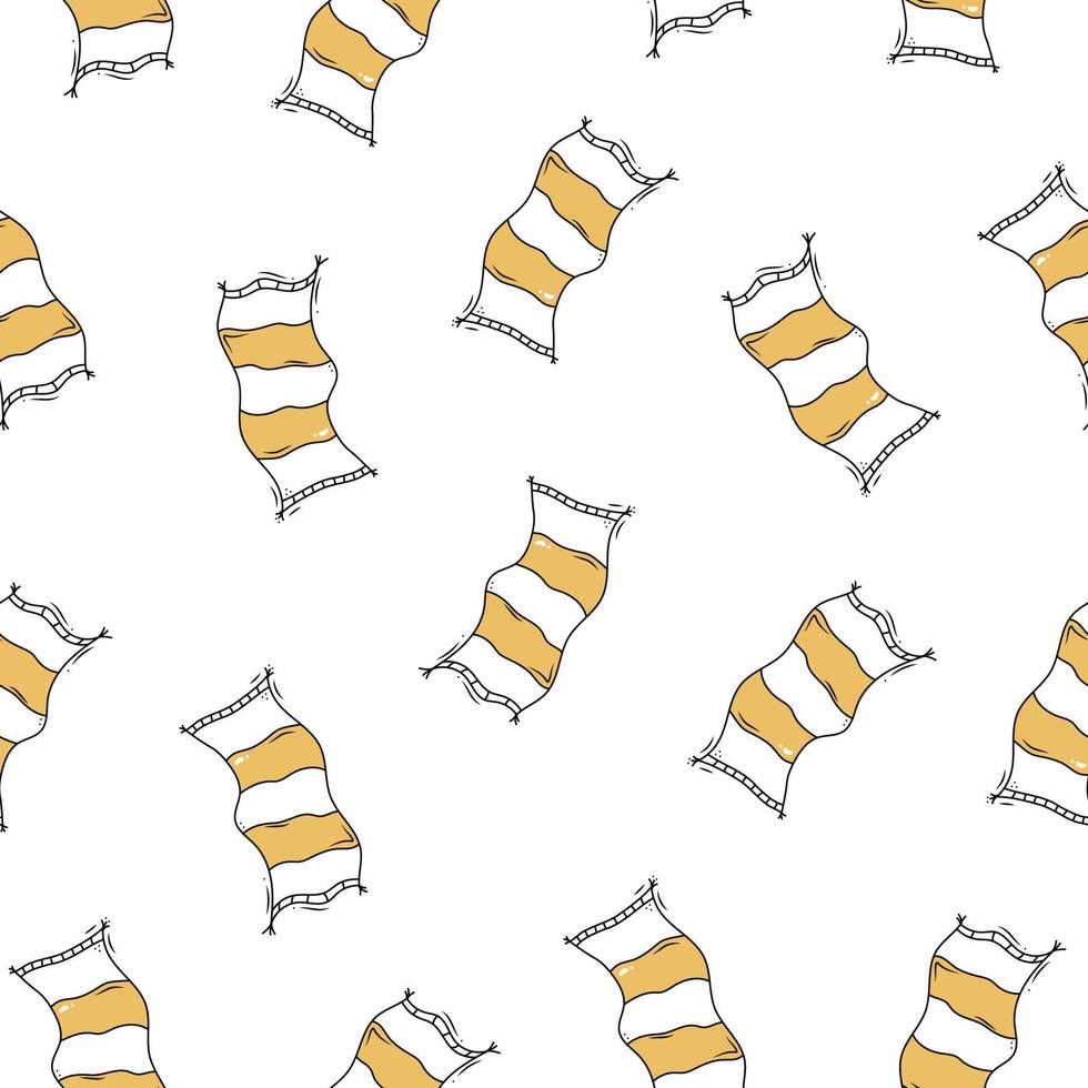 Seamless doodle pattern with beach towel. Yellow cartoon hand drawn towels on white background. For print, textil vector