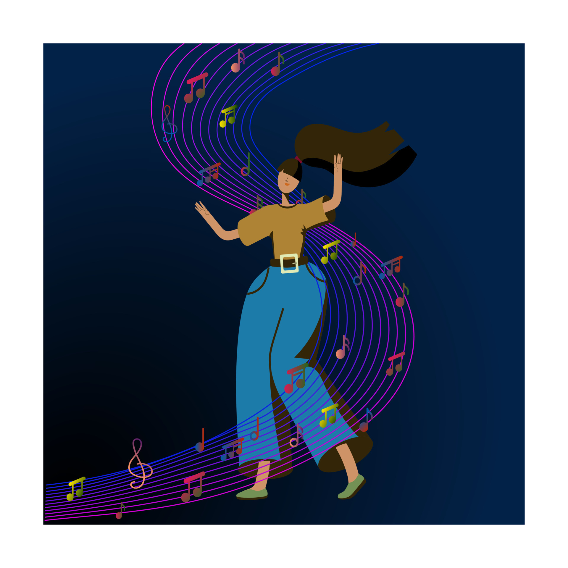 Girl dancing on a background of musical notes. Vector illustration