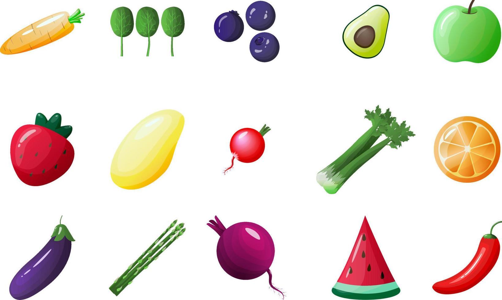 vegetales y frutas icono conjunto terminado blanco fondo, plano estilo, vector ilustración