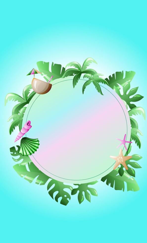 A colorful tropical border with tropical leaves on a blue background. vector
