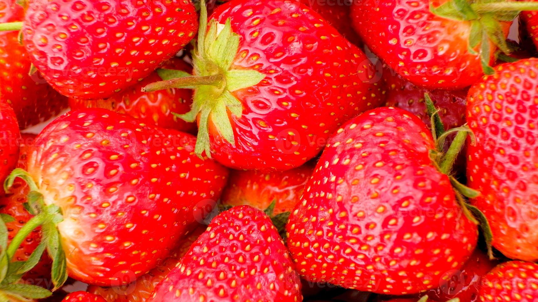 Group of red strawberries, Top view, Close up photo