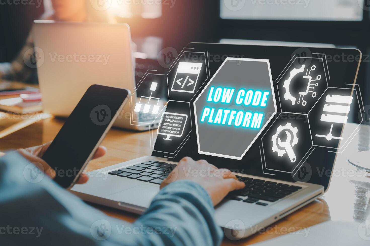 Low Code software development platform technology concept, Woman hand typing on keyboard computer with Low Code software development platform icon on virtual screen. photo