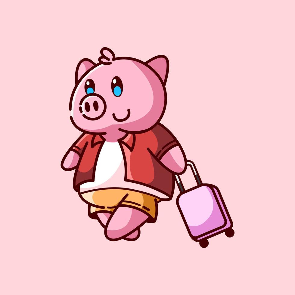 linda cerdo de viaje con maleta vector