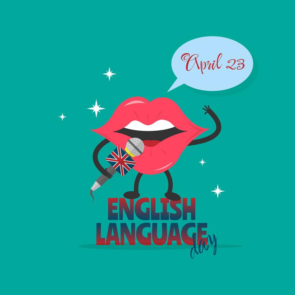 English Language Day with cute mouth holds microphone and speak vector
