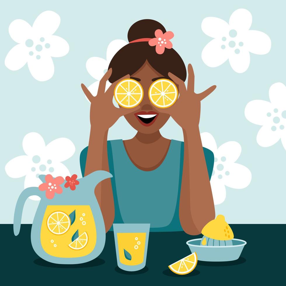 Woman prepares lemonade. Happy girl with lemons. Healthy food and life. vector