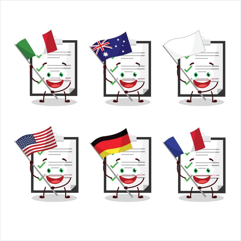 Clipboard with checklist cartoon character bring the flags of various countries vector