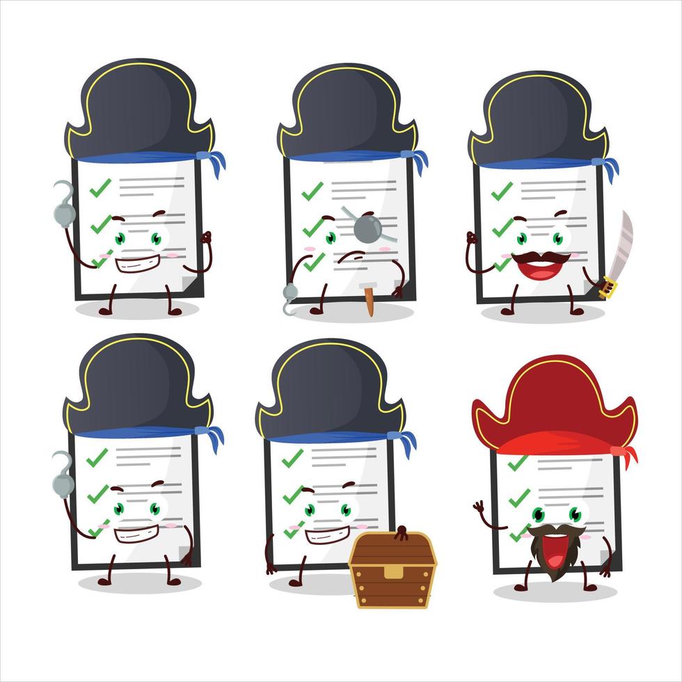 Cartoon character of clipboard with checklist with various pirates emoticons vector