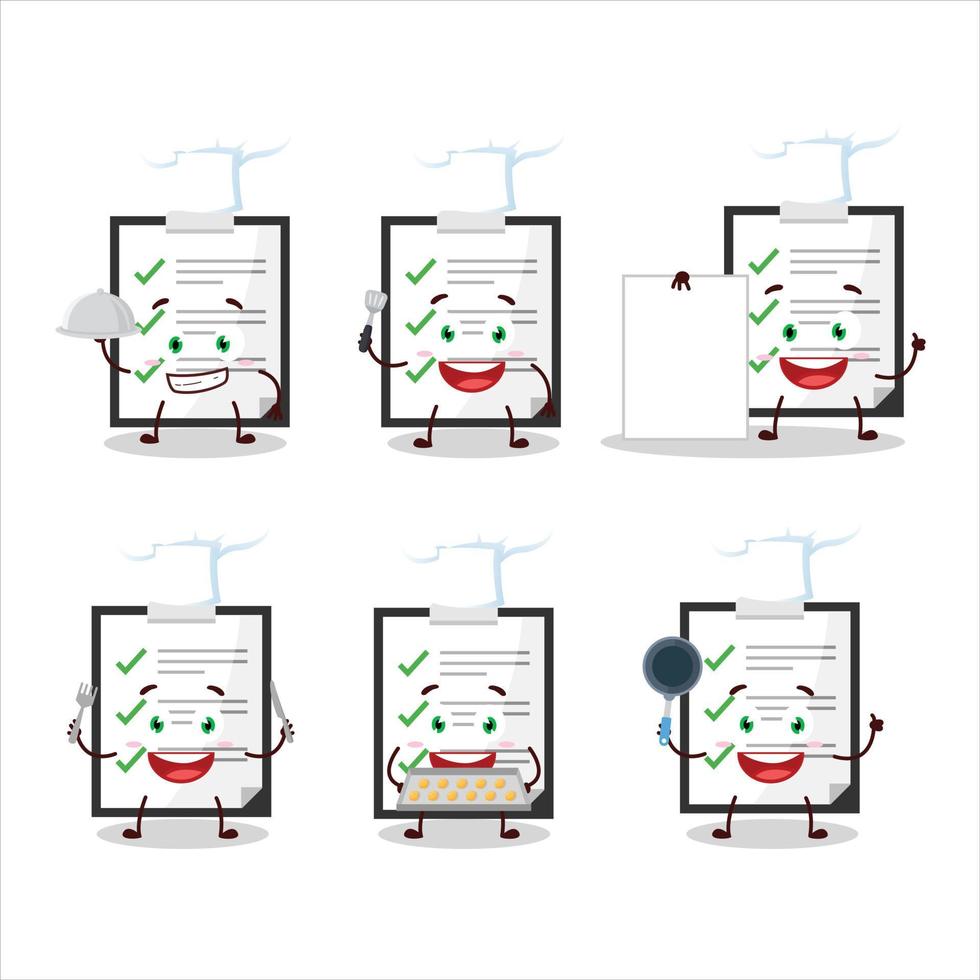 Cartoon character of clipboard with checklist with various chef emoticons vector