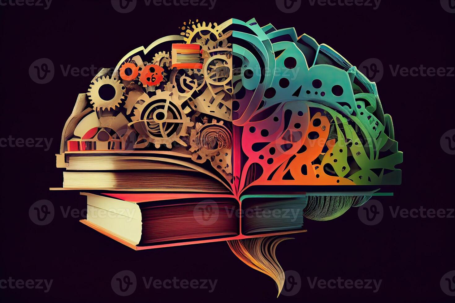 Book and Brain - modern Idea and Concept illustration Business. Idea concept with an open book, brain, and book on a green background. photo