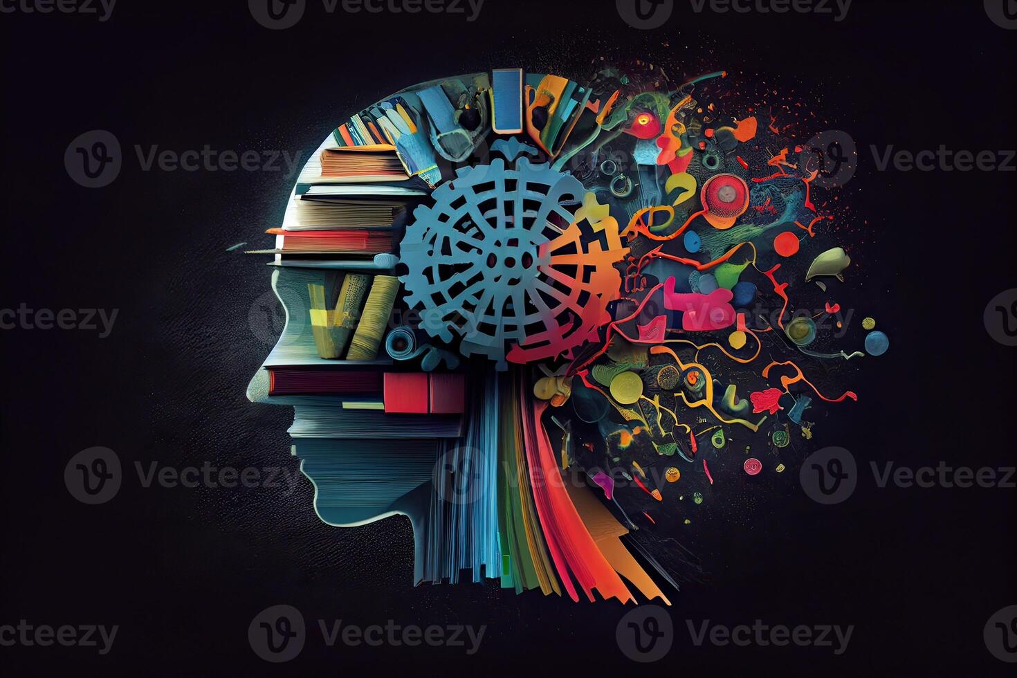 Book and Brain - modern Idea and Concept illustration Business. Idea concept with an open book, brain, and book on a green background. photo