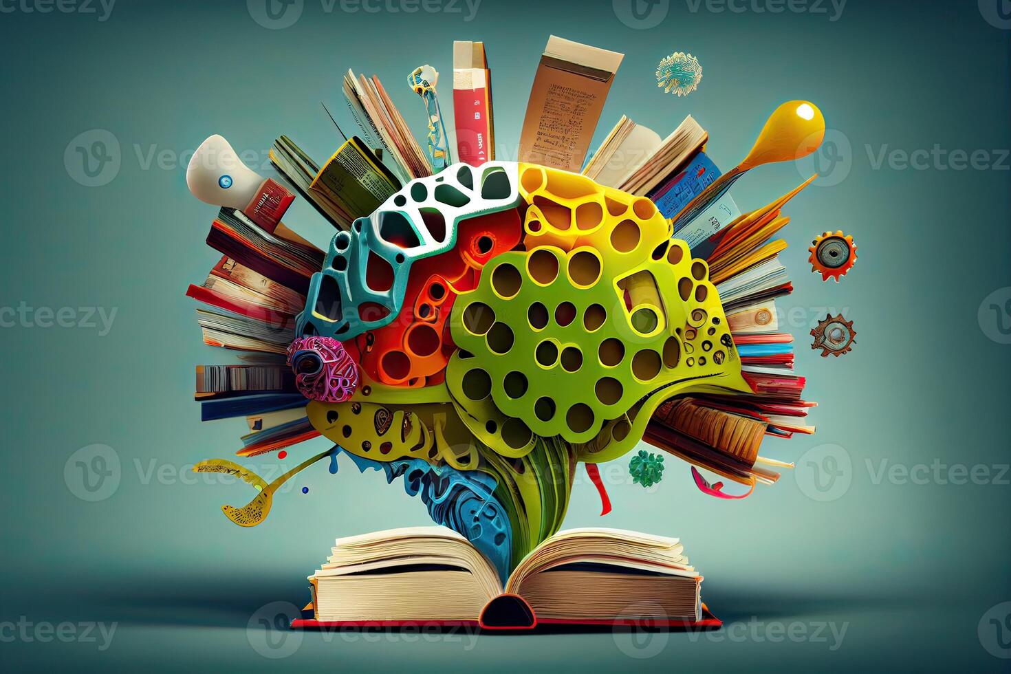 Book and Brain - modern Idea and Concept illustration Business. Idea concept with an open book, brain, and book on a green background. photo