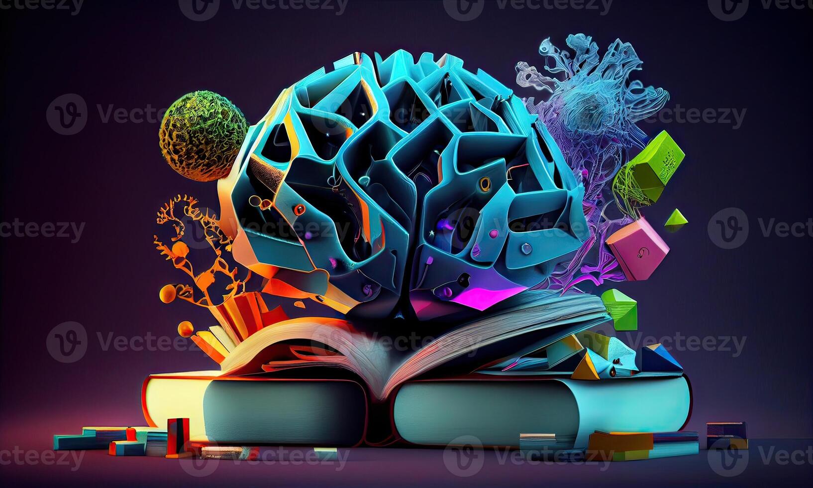 Book and Brain - modern Idea and Concept illustration Business. Idea concept with an open book, brain, and book on a green background. photo