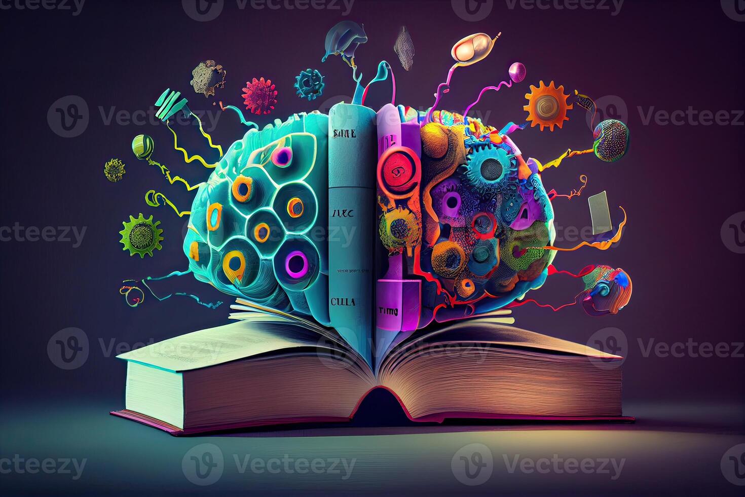 Book and Brain - modern Idea and Concept illustration Business. Idea concept with an open book, brain, and book on a green background. photo