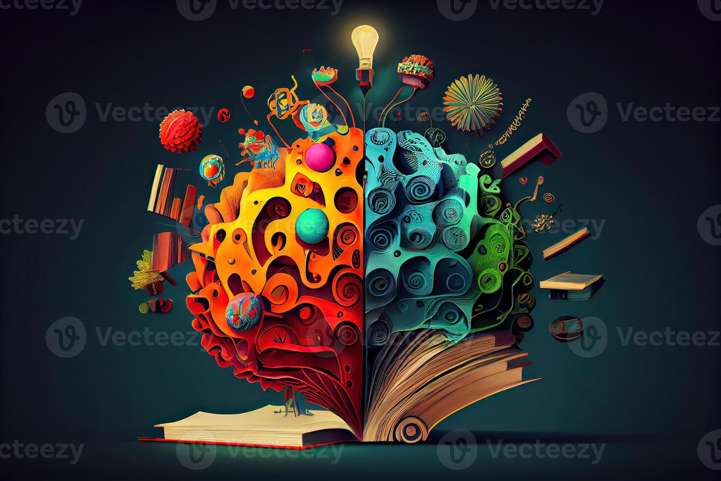 Book and Brain - modern Idea and Concept illustration Business. Idea concept with an open book, brain, and book on a green background. photo