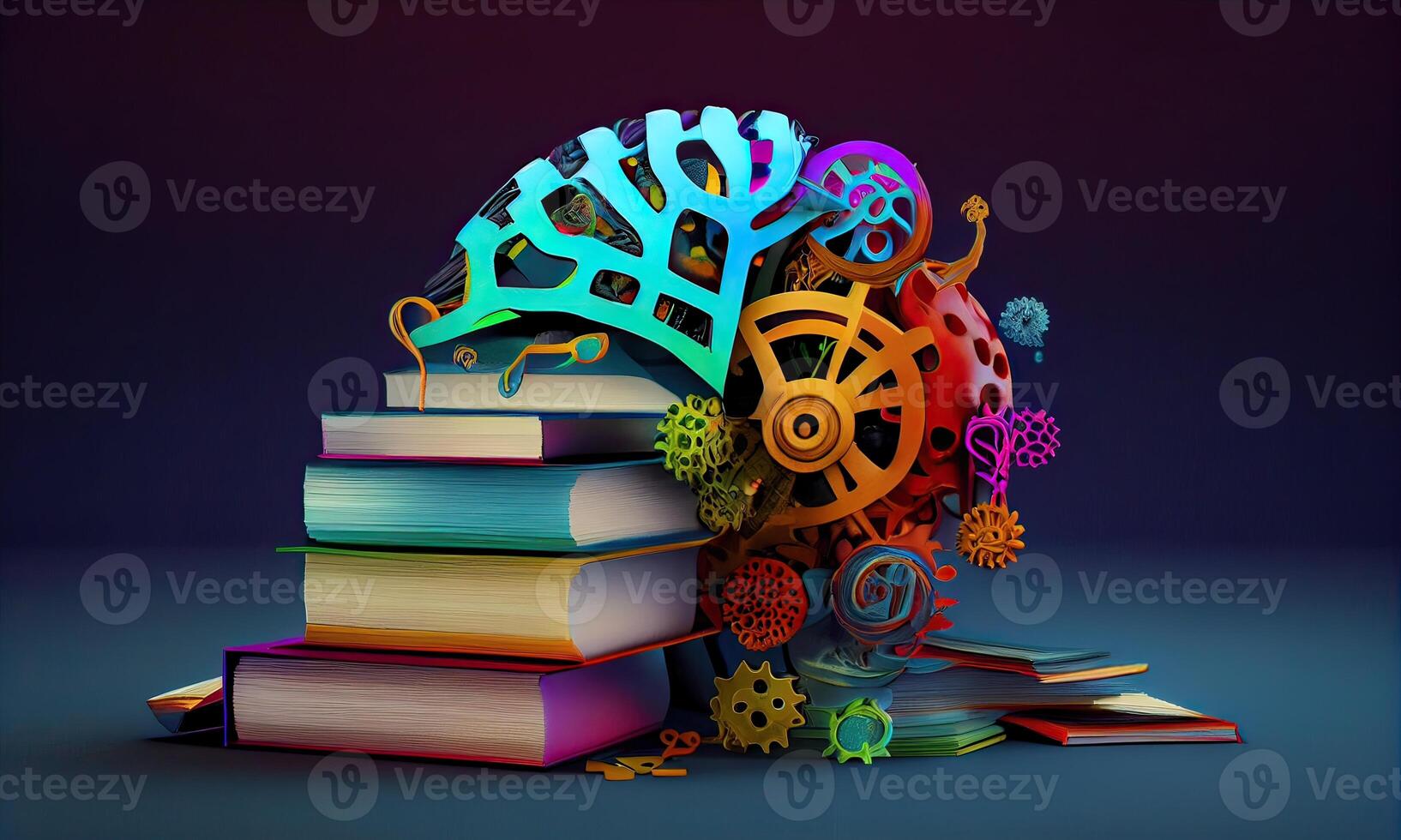 Book and Brain - modern Idea and Concept illustration Business. Idea concept with an open book, brain, and book on a green background. photo