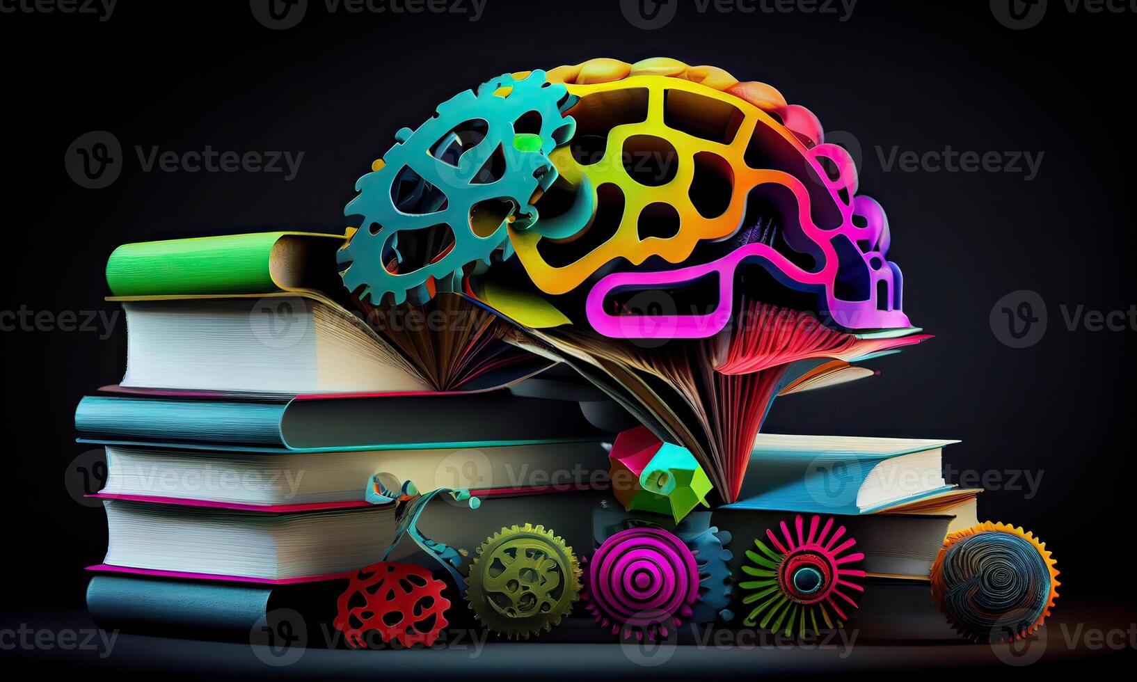 Book and Brain - modern Idea and Concept illustration Business. Idea concept with an open book, brain, and book on a green background. photo