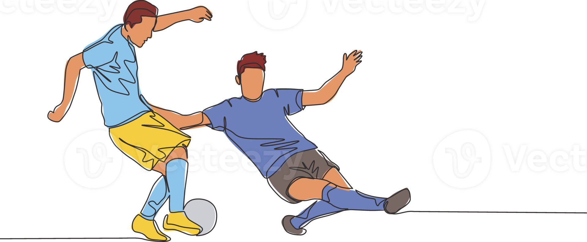 Single continuous line drawing of young energetic football player sliding opponent player when he wants to dribbling pass him. Soccer match sports concept. One line draw design vector illustration png