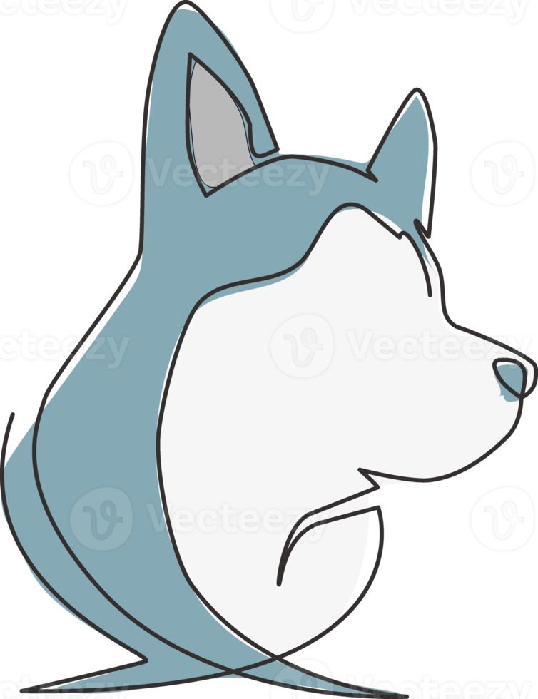 Un dibujo de línea continua del icono de cabeza de perro cachorro de husky siberiano lindo simple. concepto de vector de emblema de logotipo animal de mamíferos. Ilustración gráfica de diseño de dibujo de una sola línea de moda png