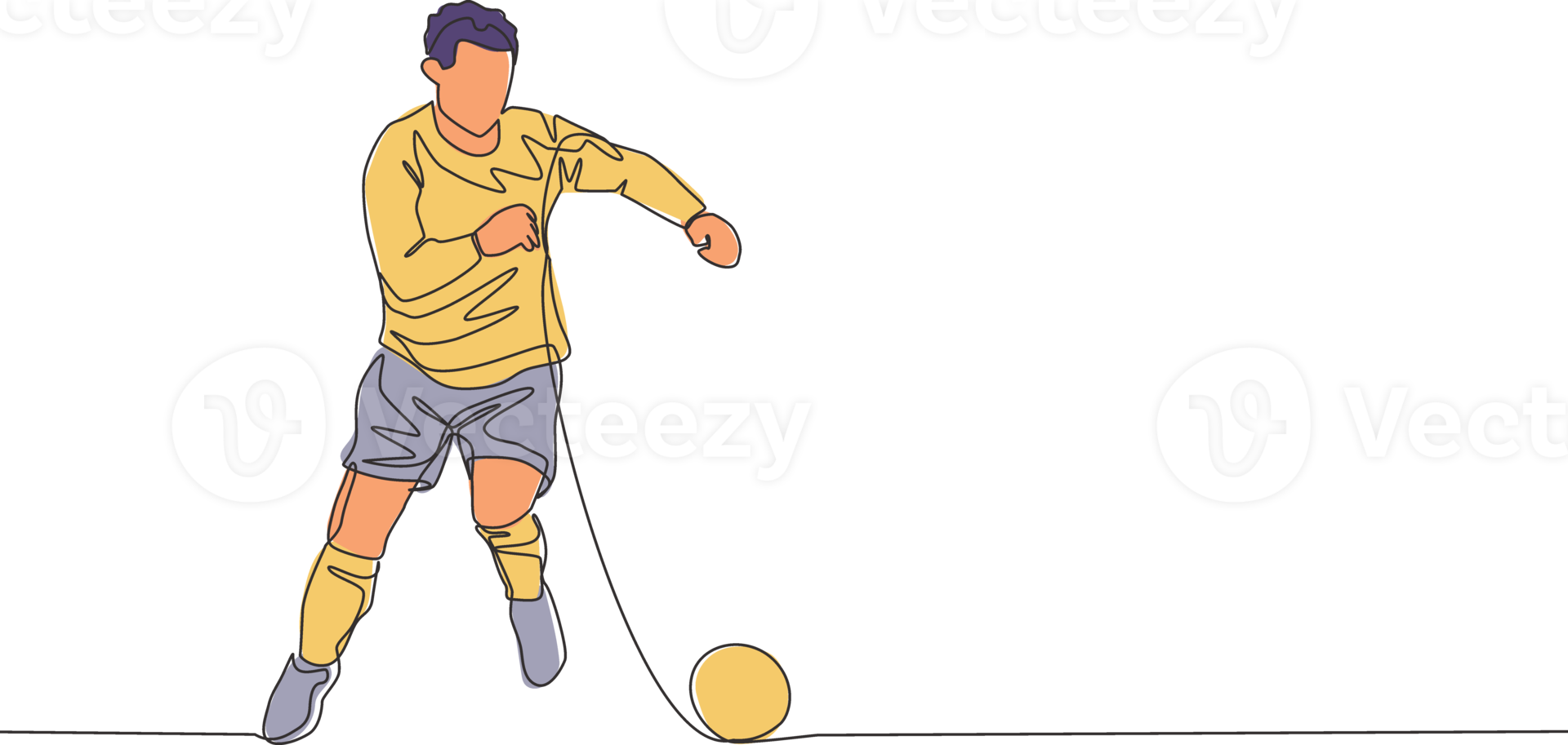 One single line drawing of young football player with long sleeve shirt dribbling the ball at training session. Soccer match sports concept. Continuous line draw design vector illustration png