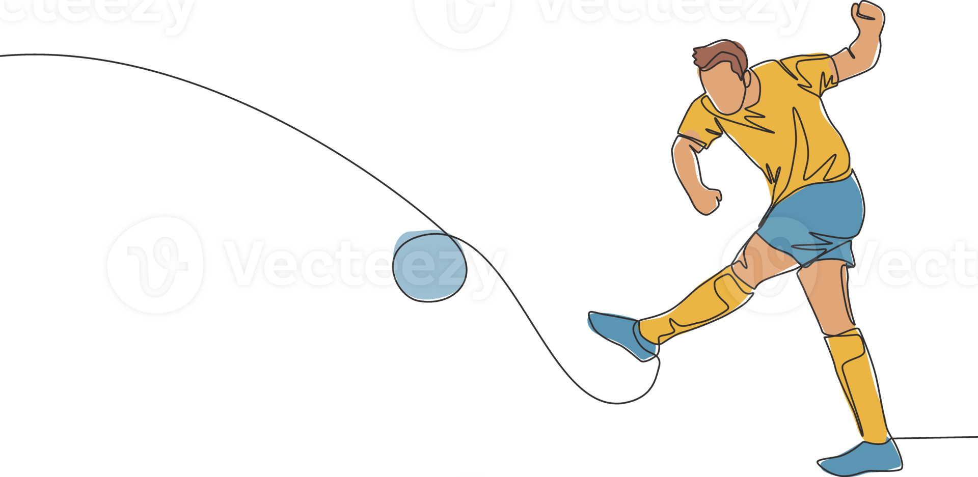 enda kontinuerlig linje teckning av ung passionen fotboll spelare skytte de boll verkligen hård till de motståndare mål. fotboll match sporter begrepp. ett linje dra design vektor illustration png