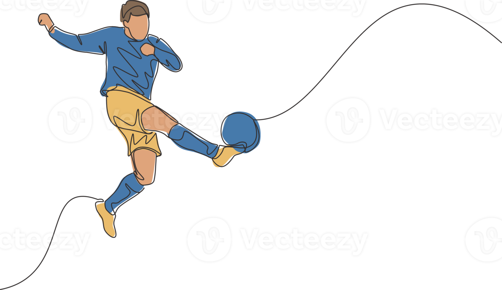 One single line drawing of young talented football player win the ball and shot the first time technique kick. Soccer match sports concept. Continuous line draw design vector illustration png