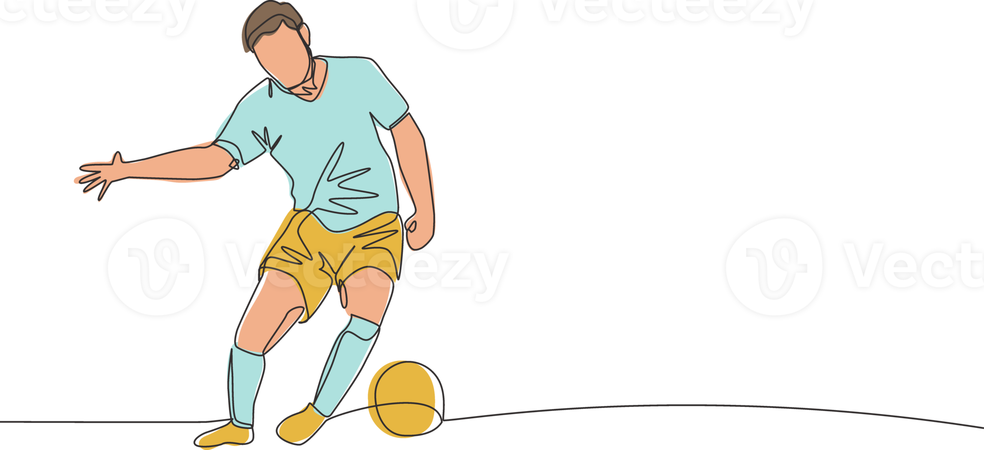 One single line drawing of young strong football defender block the ball and control it avoiding opponents. Soccer match sports concept. Continuous line draw design vector illustration png