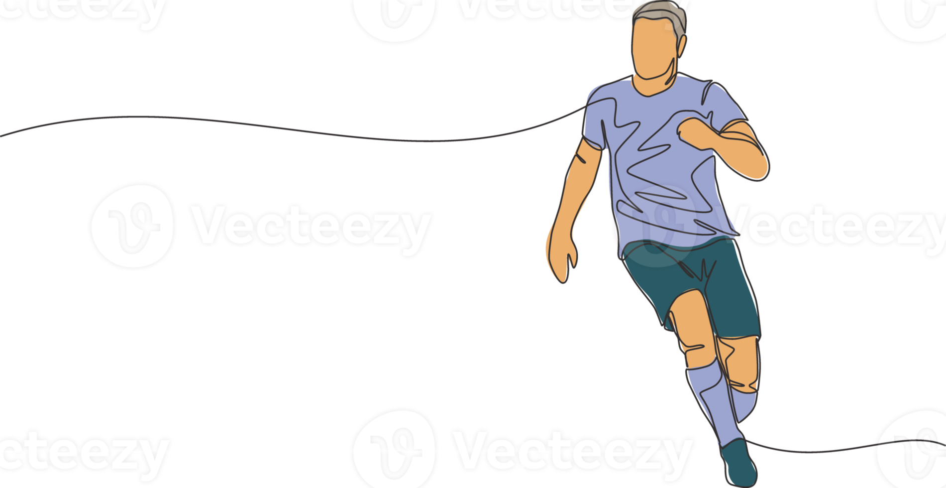 solteiro contínuo linha desenhando do jovem enérgico futebol jogador corrida para correr atrás a bola às a jogo. futebol Combine Esportes conceito. 1 linha desenhar Projeto vetor ilustração png