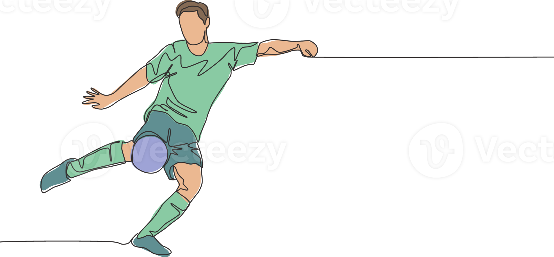 Single continuous line drawing of young energetic football striker shooting a first time kick technique. Soccer match sports concept. One line draw design vector illustration png