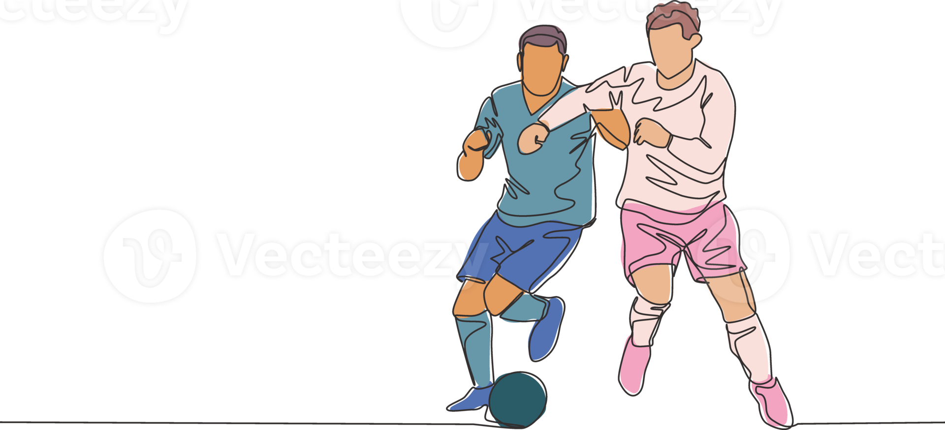 Single kontinuierlich Linie Zeichnung von jung energisch Fußball Spieler Ellbogen Gegner Spieler während Kampf zum das Ball. Fußball Spiel Sport Konzept. einer Linie zeichnen Design Vektor Illustration png