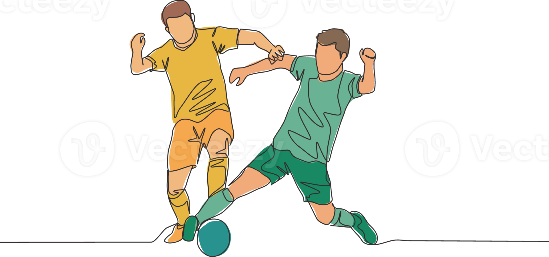 Single continuous line drawing of two football players fighting for the ball at the game. Soccer match sports concept. One line draw design vector illustration png