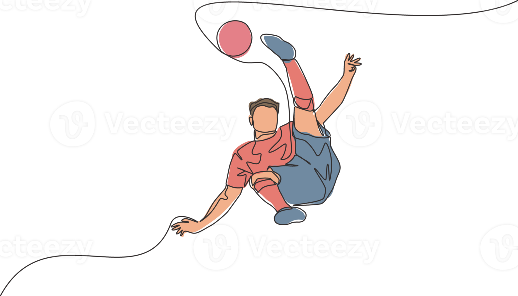 Single continuous line drawing of young talented football player shooting the ball with bicycle kick technique. Soccer match sports concept. One line draw design vector illustration png