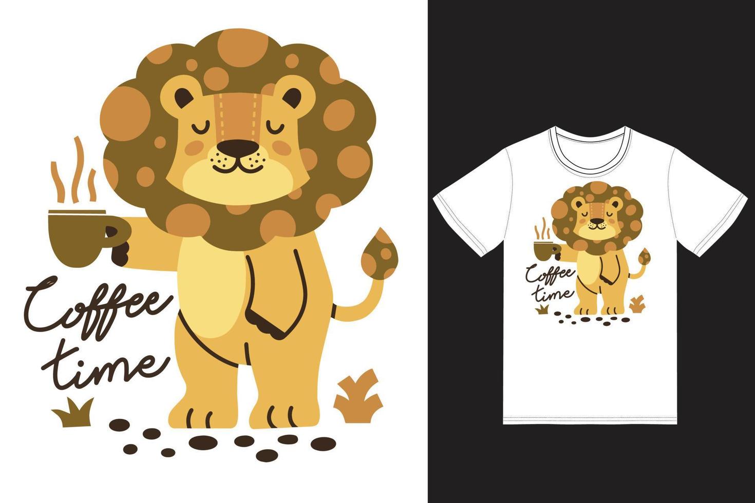 Cute lion with coffee illustration with tshirt design premium vector