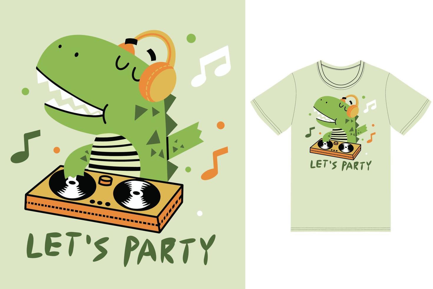 Cute dinosaur playing dj music illustration with tshirt design premium vector