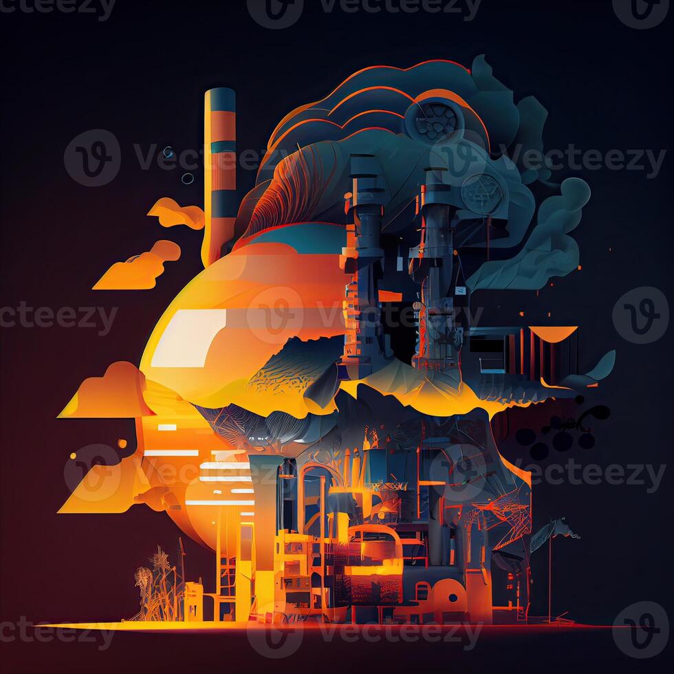 illustration Oil and Gas plant with shipping loading dock at twilight.Processing Oil Product Building of Chemical Petroleum Factory, Heavy Industrial Sector. photo