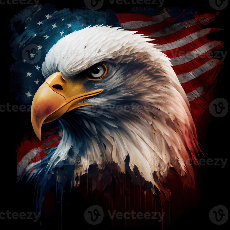 eagle and USA flag national poster. American Bald Eagle - a symbol of America with flag. Bald eagle on american flag background created. photo