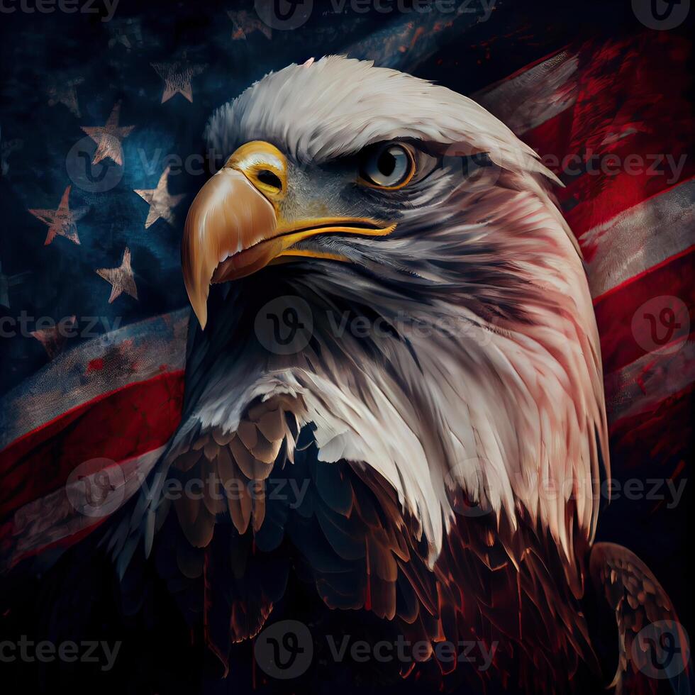 eagle and USA flag national poster. American Bald Eagle - a symbol of America with flag. Bald eagle on american flag background created. photo