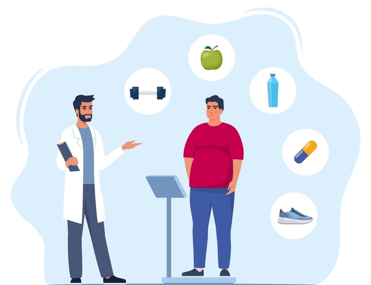 Fat man standing on weigh scales. Doctor explain about health and how to loose weight, Obese patient, fat control instruction, diabetes patient, control calories, sports. Vector illustration.