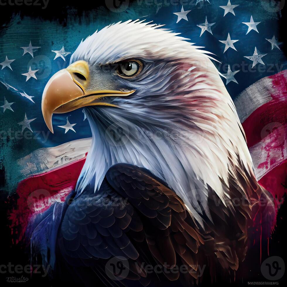 eagle and USA flag national poster. American Bald Eagle - a symbol of America with flag. Bald eagle on american flag background created. photo