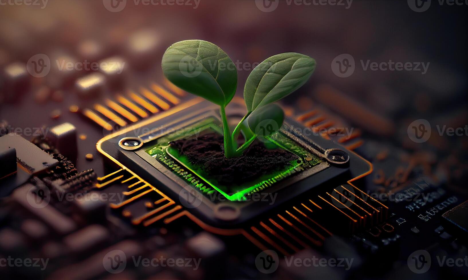 Growing tree on the converging point of acomputer circuit board. Nature with Digital Convergence and Technological Convergence. Green Computing, Green Technology, Green IT, csr, photo