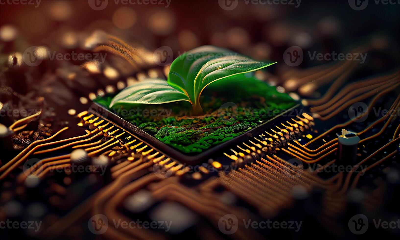 Growing tree on the converging point of acomputer circuit board. Nature with Digital Convergence and Technological Convergence. Green Computing, Green Technology, Green IT, csr, photo