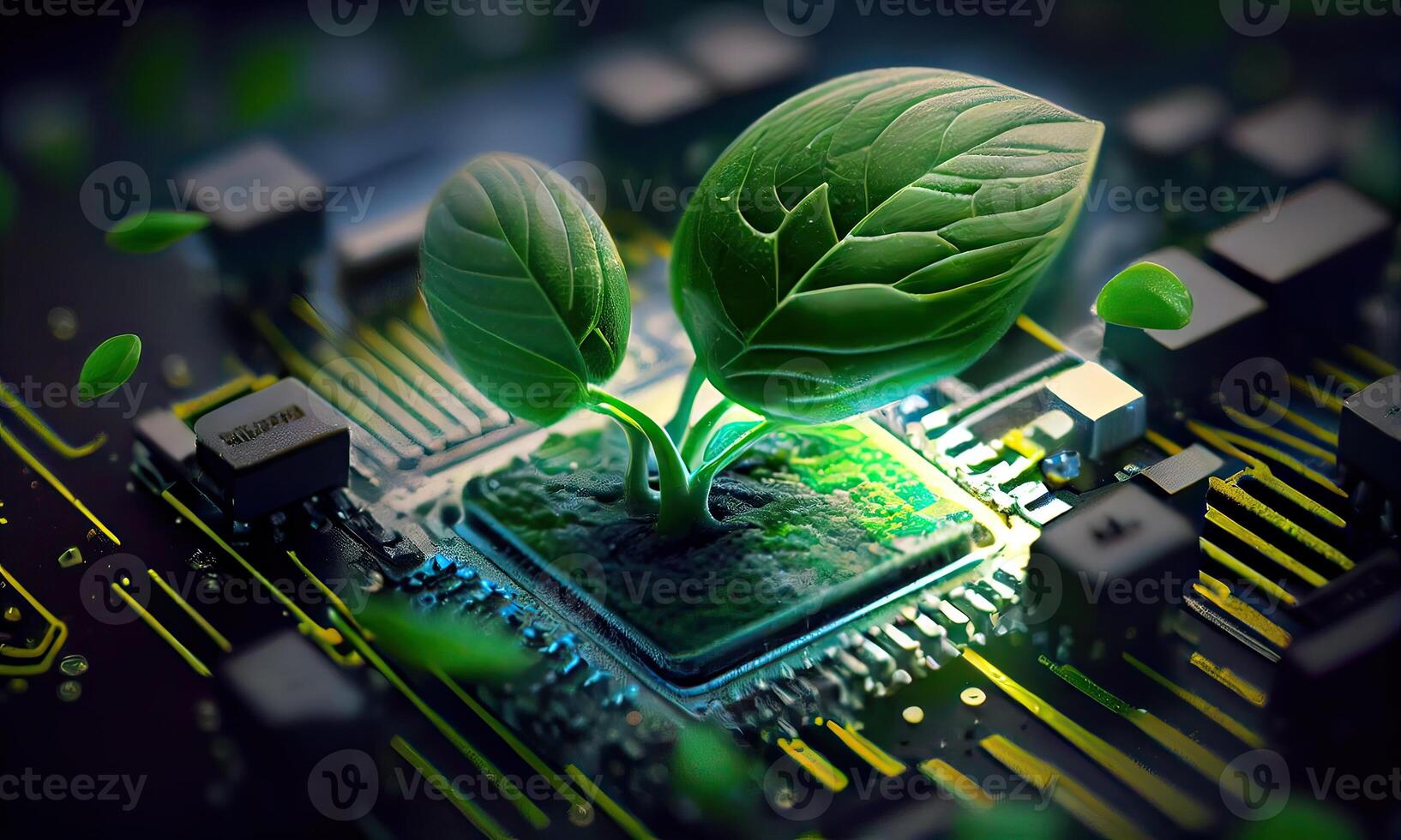 Growing tree on the converging point of acomputer circuit board. Nature with Digital Convergence and Technological Convergence. Green Computing, Green Technology, Green IT, csr, photo