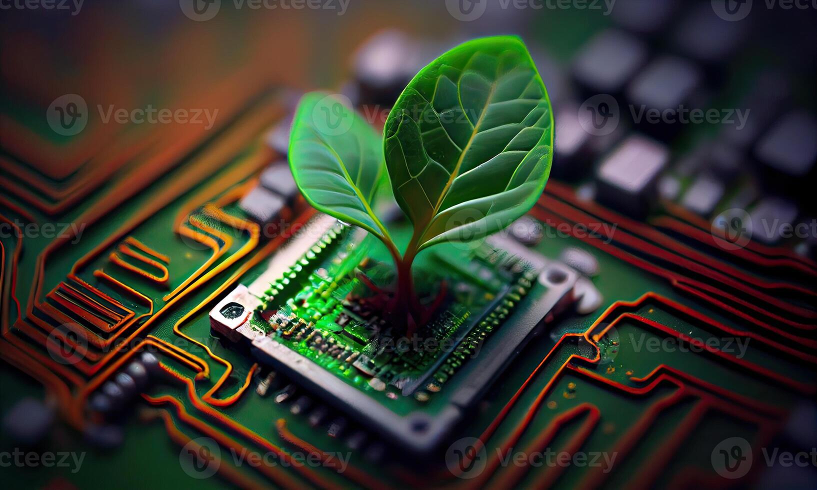 Growing tree on the converging point of acomputer circuit board. Nature with Digital Convergence and Technological Convergence. Green Computing, Green Technology, Green IT, csr, photo