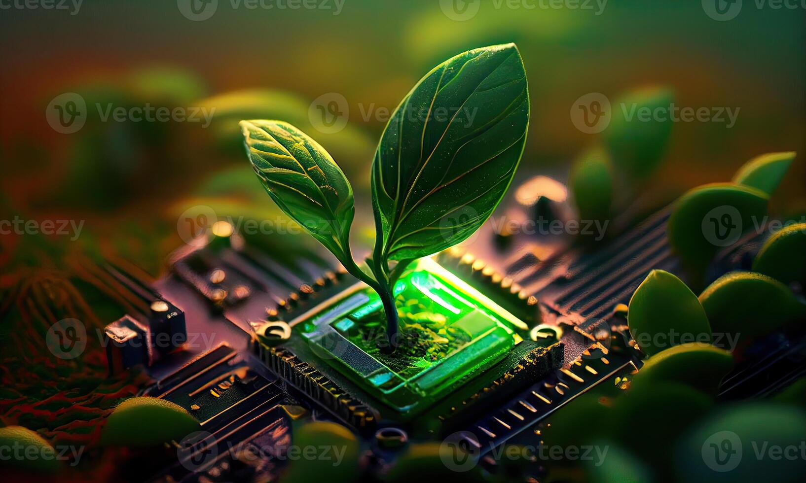 Growing tree on the converging point of acomputer circuit board. Nature with Digital Convergence and Technological Convergence. Green Computing, Green Technology, Green IT, csr, photo