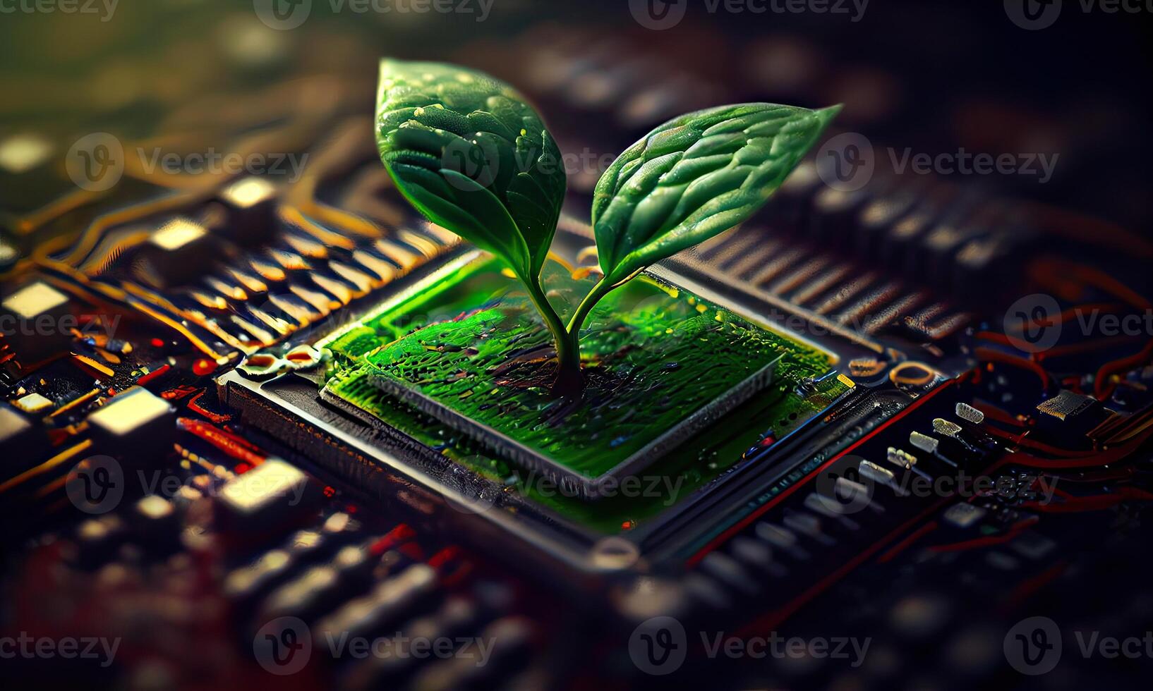 Growing tree on the converging point of acomputer circuit board. Nature with Digital Convergence and Technological Convergence. Green Computing, Green Technology, Green IT, csr, photo