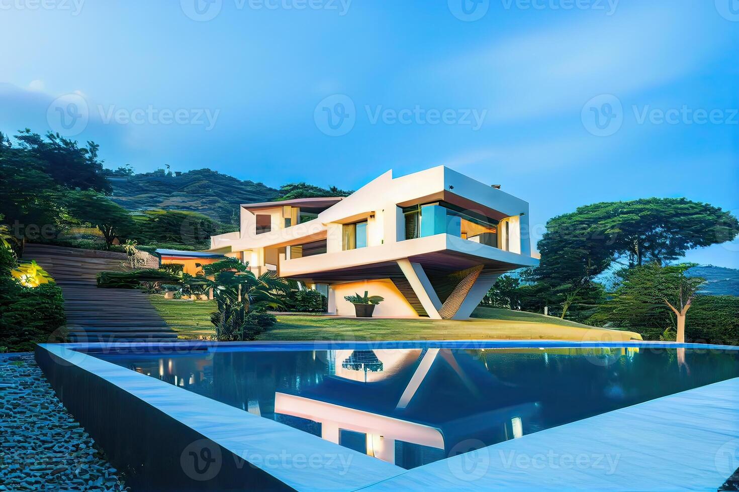 arquitectura moderno diseño, hermosa casa día escena. lujo hogar con nadando piscina a atardecer, tropical villa complejo. generativo ai foto