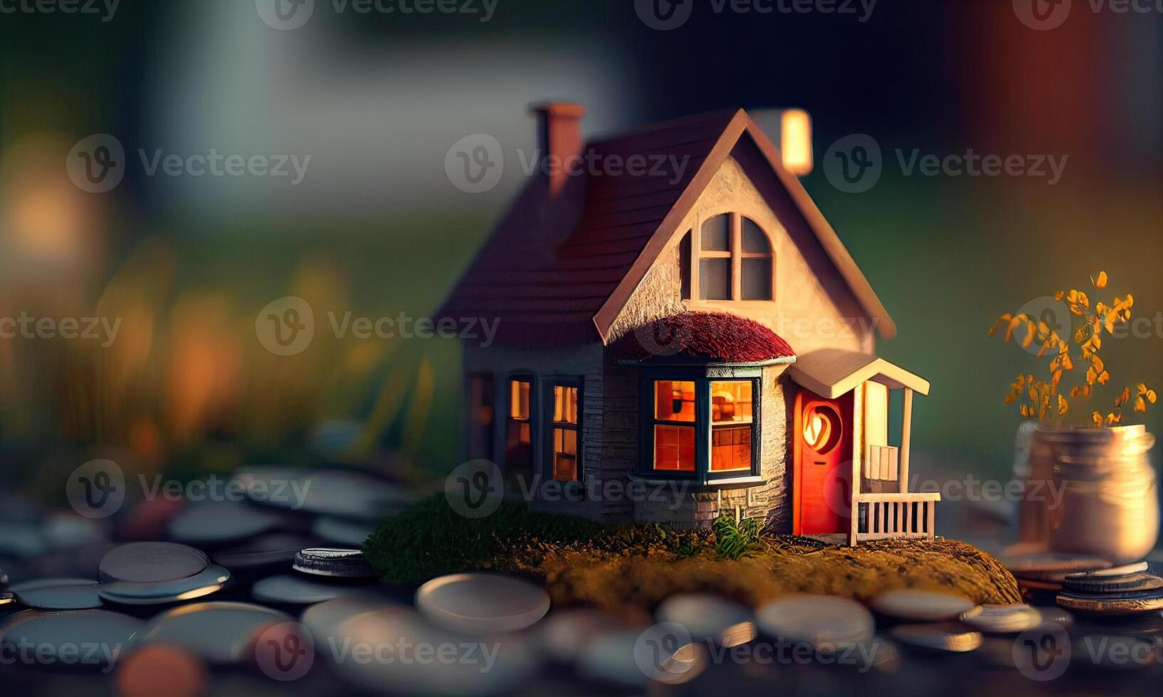 Mini house on a stack of coins. Concept of Investment property. Miniature house on stack coins using as property real estate and business financial concept. photo