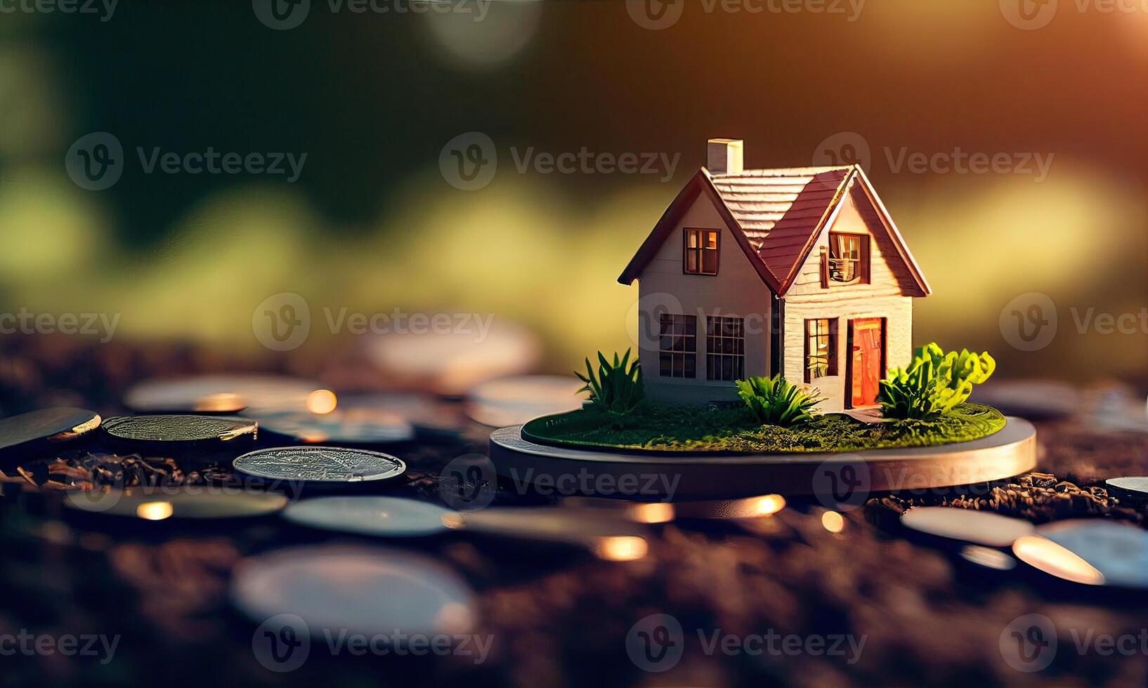Mini house on a stack of coins. Concept of Investment property. Miniature house on stack coins using as property real estate and business financial concept. photo