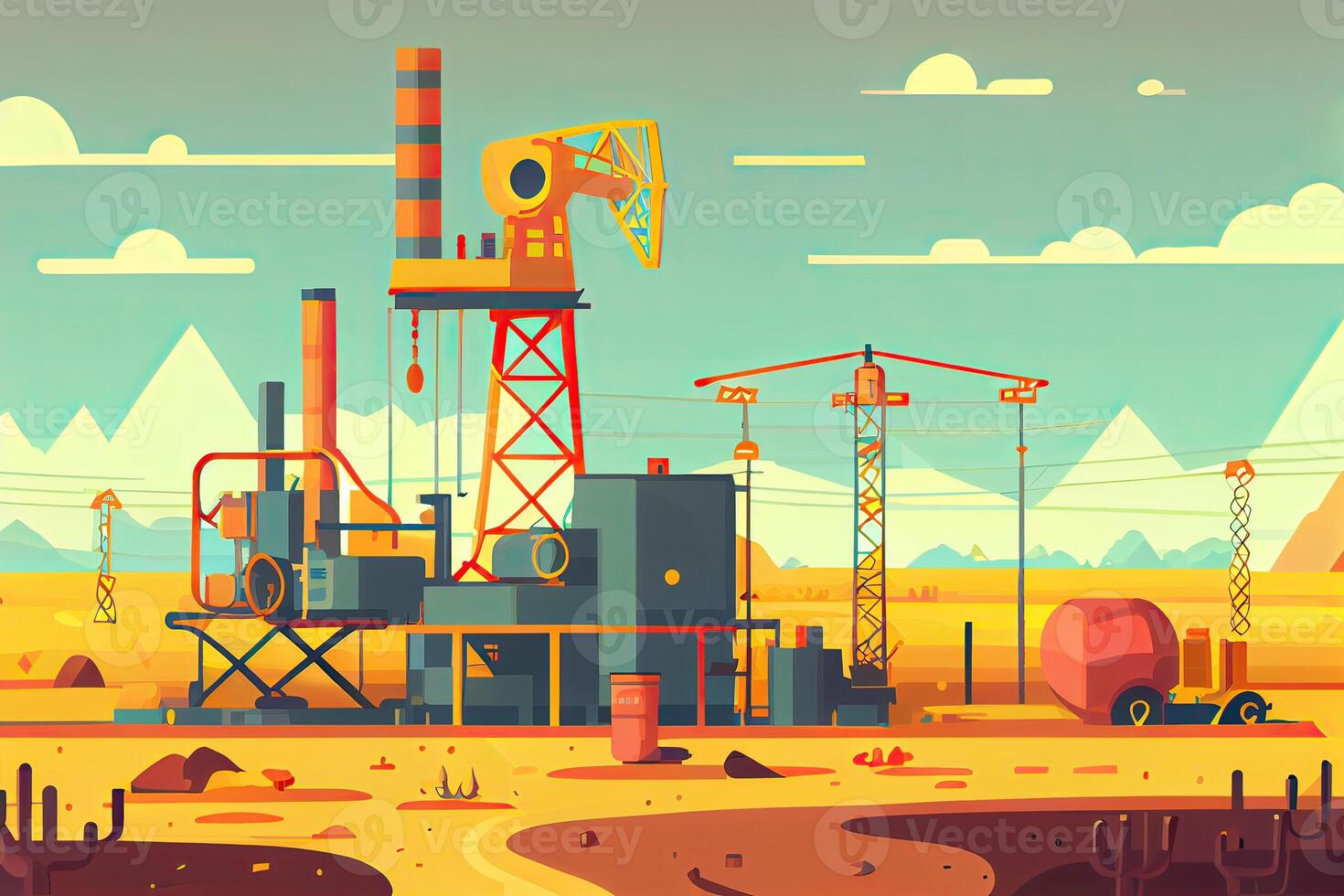 illustration Oil and Gas plant with shipping loading dock at twilight.Processing Oil Product Building of Chemical Petroleum Factory, Heavy Industrial Sector. photo